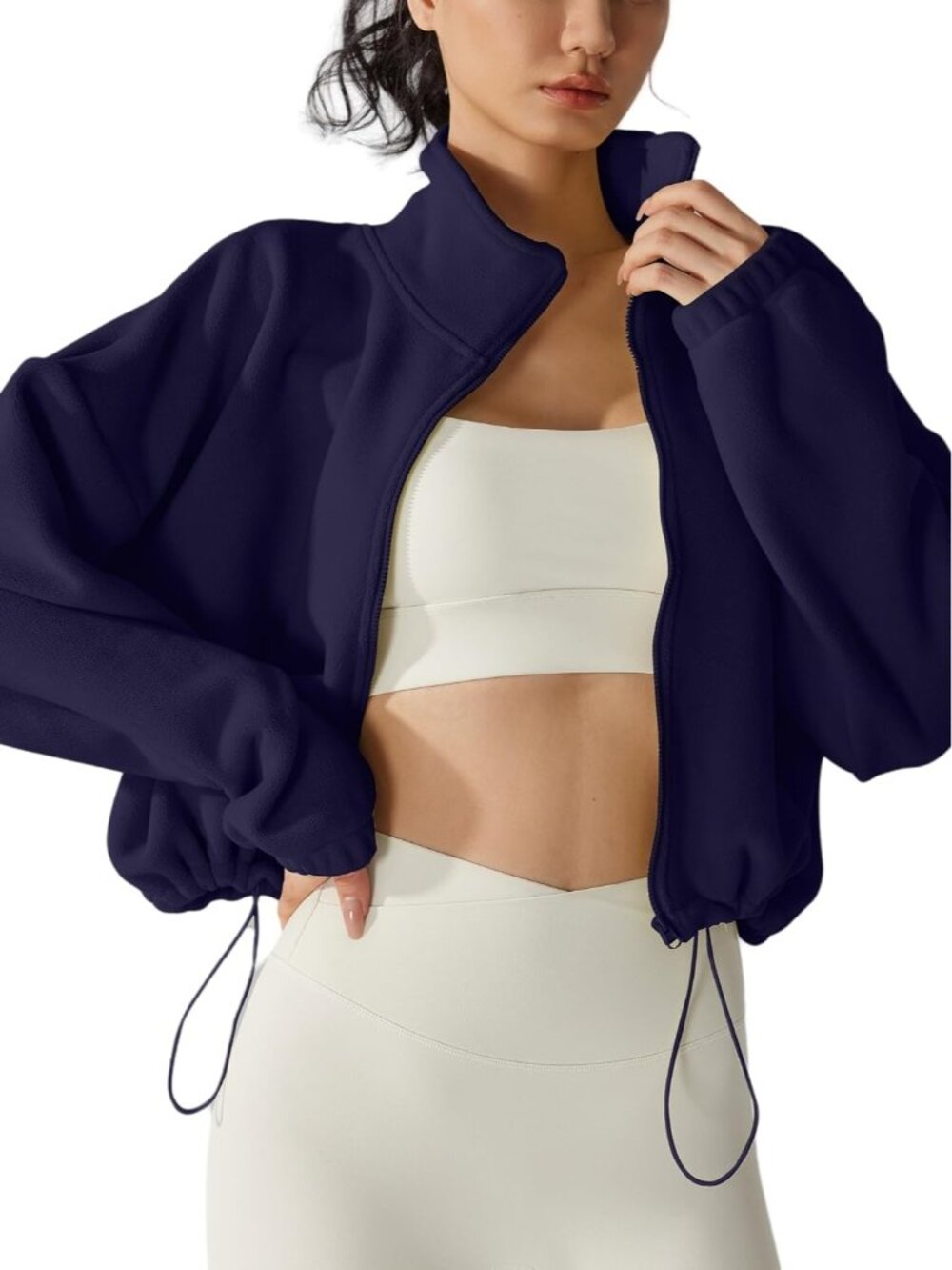 Women Navy Oversized Drop Shoulders Full-zip Long Sleeve Cropped Fleece Jacket
